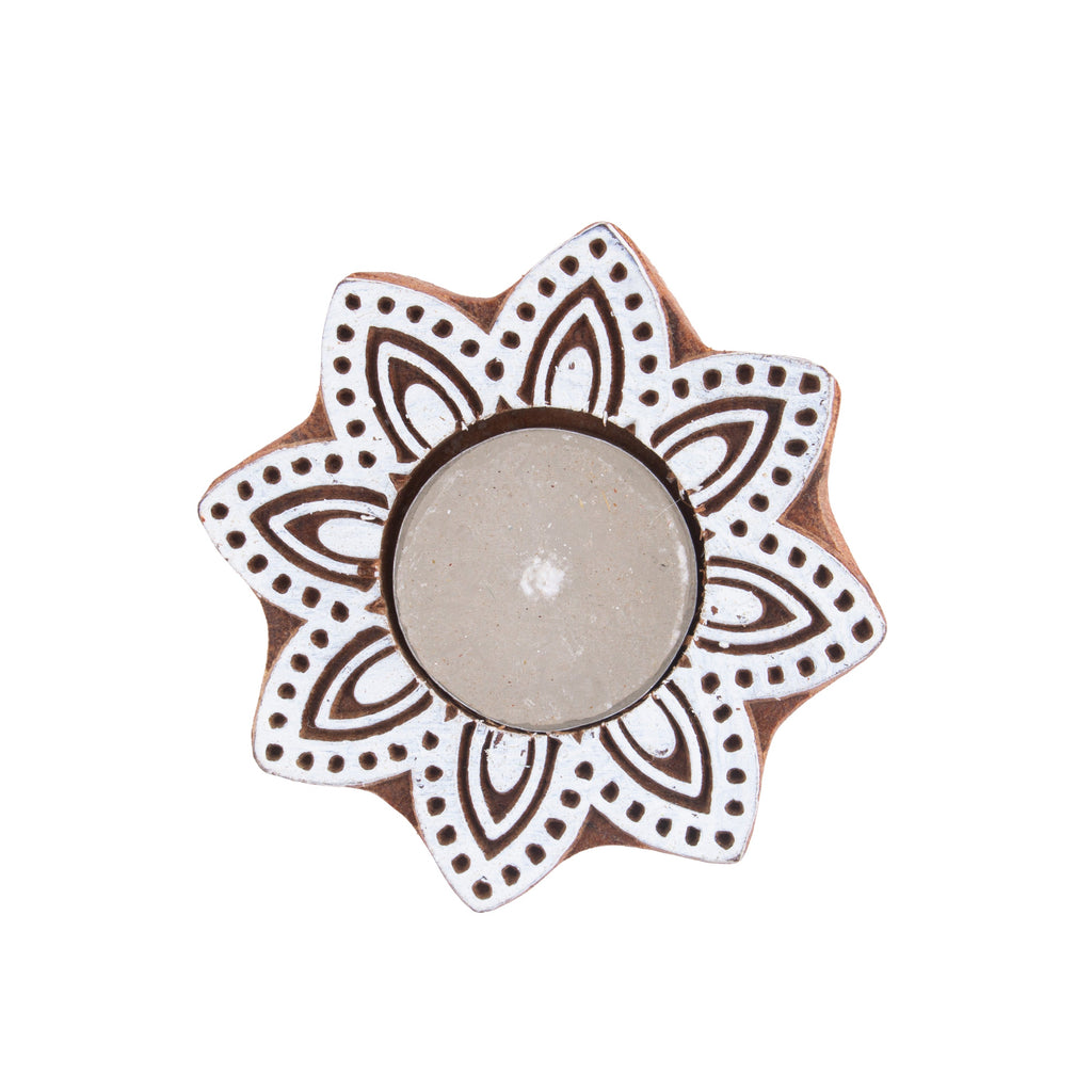 Wooden Printing Block & Tea Light Holder Ethnic Blossom 3inch 1pc