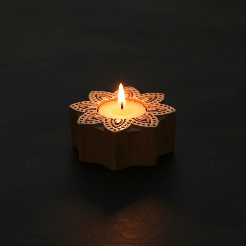 Wooden Printing Block & Tea Light Holder Ethnic Blossom 3inch 1pc