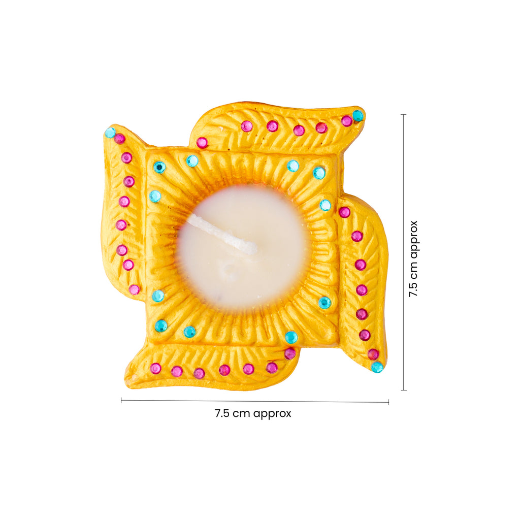 Decorated Terracotta Diya With Wax Swastika 2pc Box (Wax Filled)
