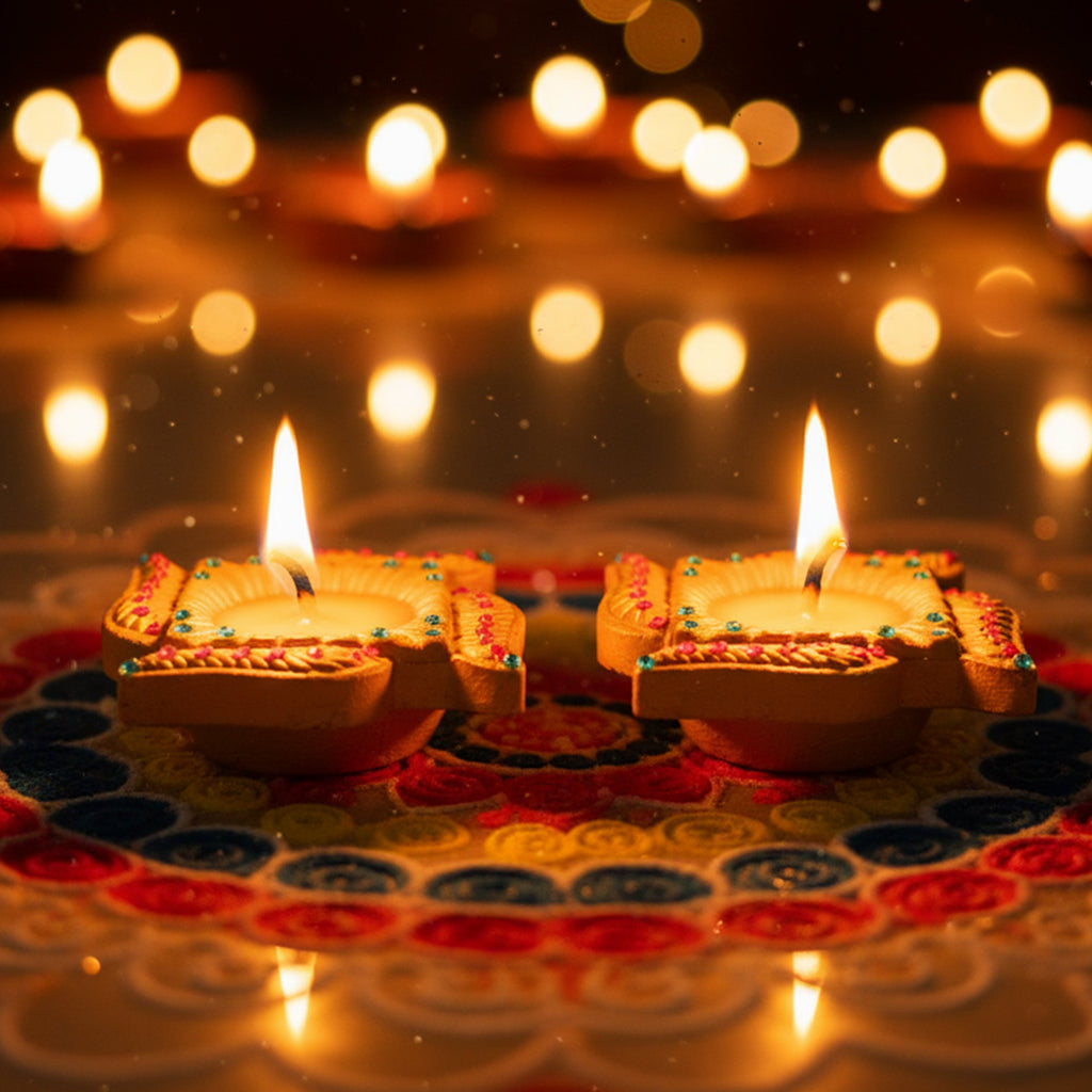 Decorated Terracotta Diya With Wax Swastika 2pc Box (Wax Filled)