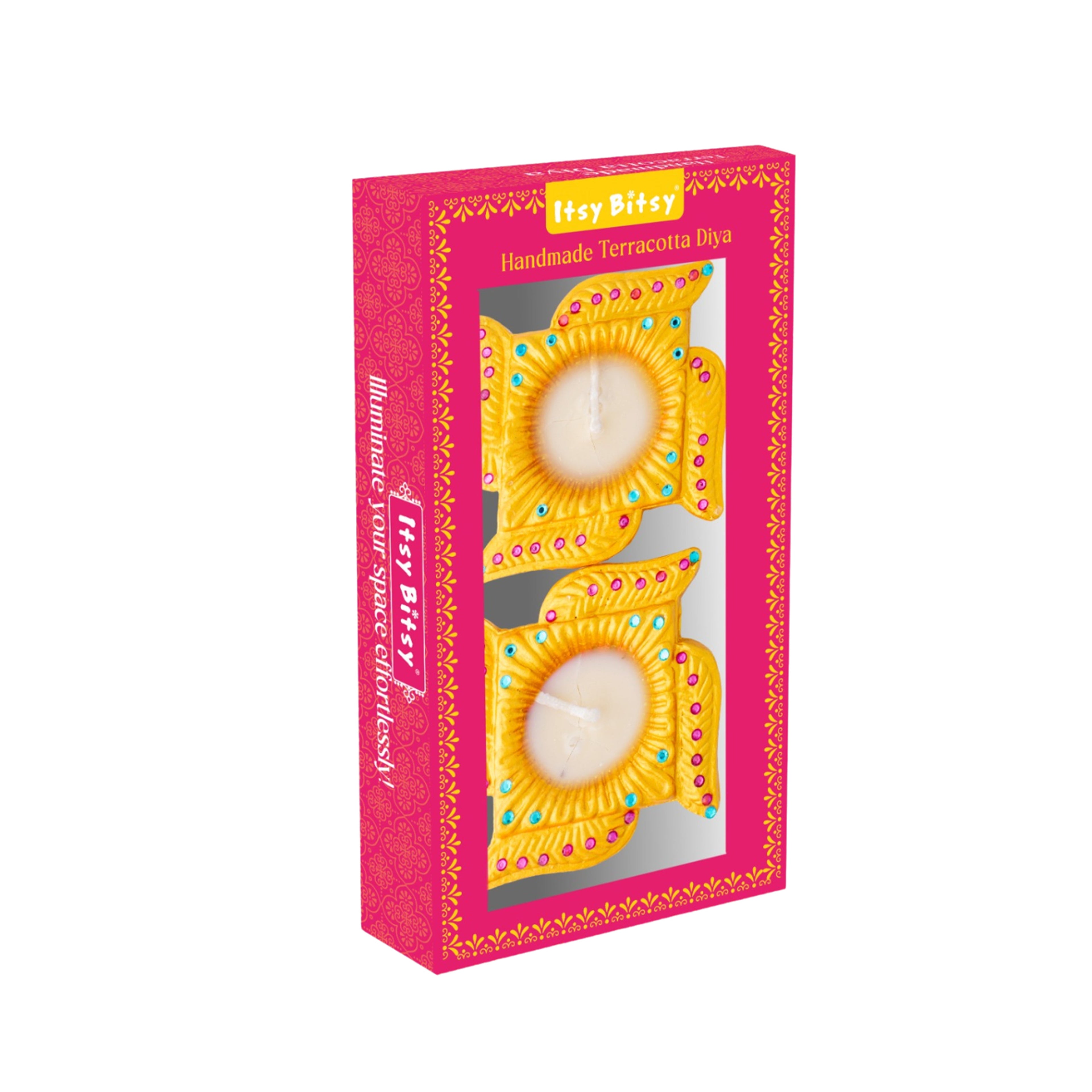 Decorated Terracotta Diya With Wax Swastika 2pc Box (Wax Filled)