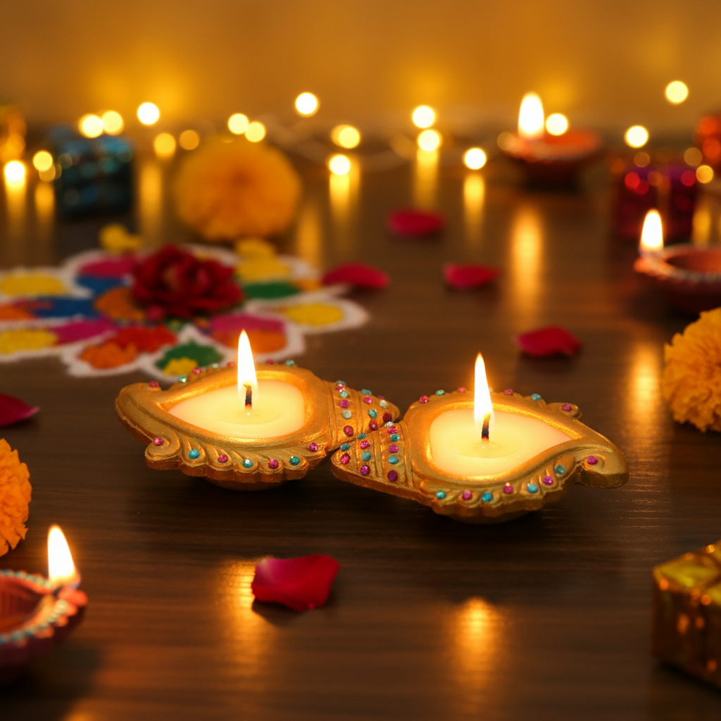 Decorated Terracotta Diya With Wax Shell Gold 2pc Box (Wax Filled)
