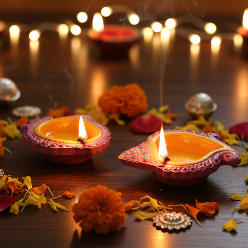 Decorated Terracotta Diya with Wax - Shankh Design, Pink, 2pc