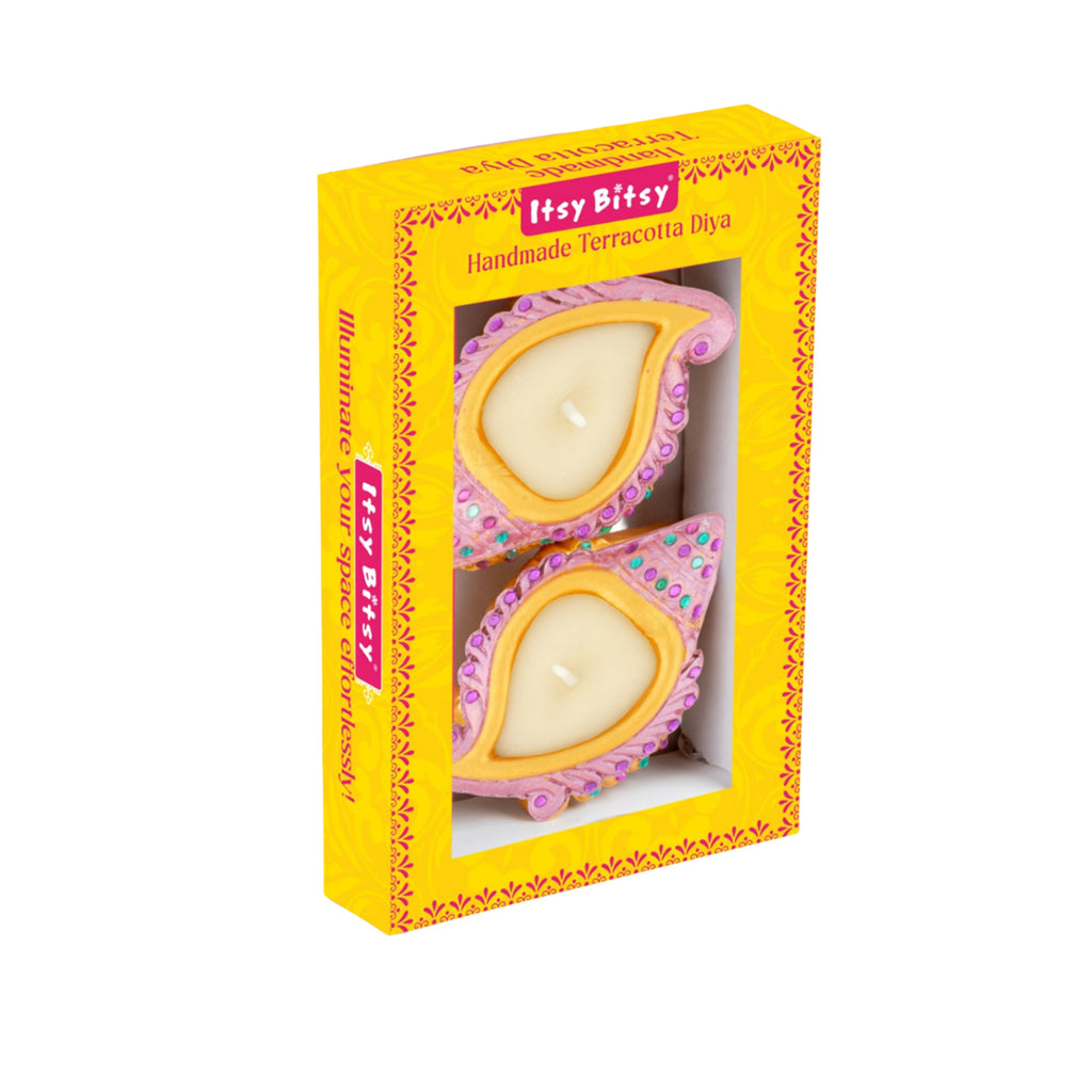 Decorated Terracotta Diya with Wax - Shankh Design, Pink, 2pc