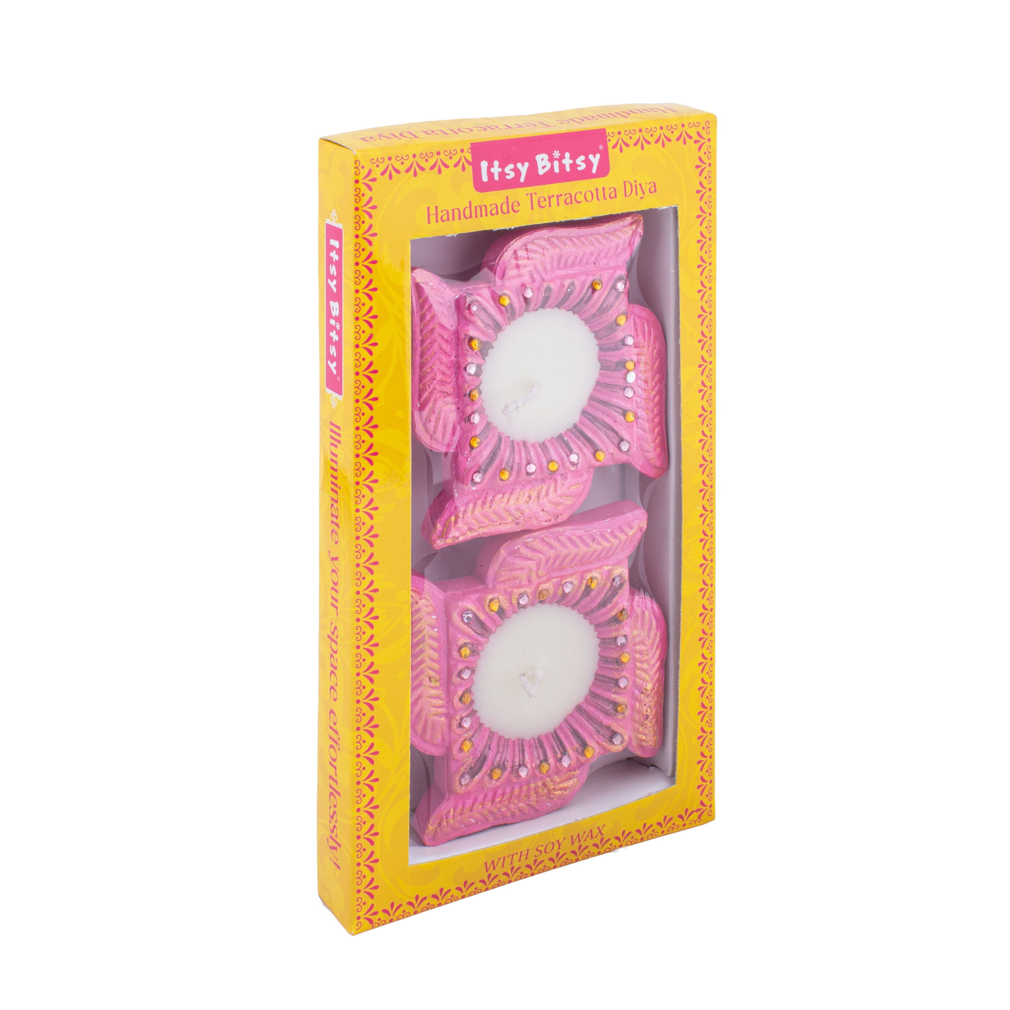 Decorated Terracotta Diya with Wax - Swastika, Pink, Set of 2pc