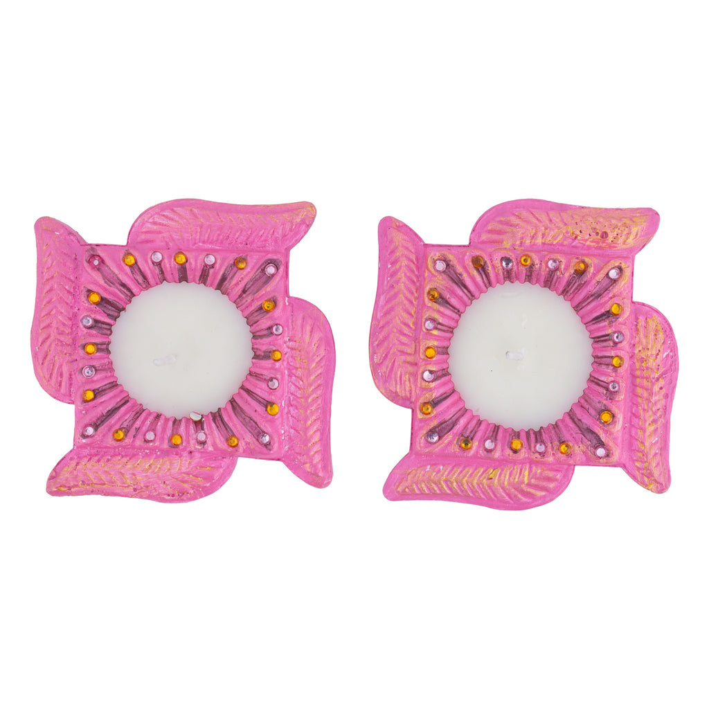 Decorated Terracotta Diya with Wax - Swastika, Pink, Set of 2pc