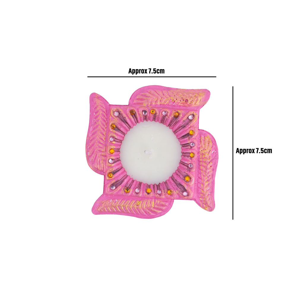 Decorated Terracotta Diya with Wax - Swastika, Pink, Set of 2pc