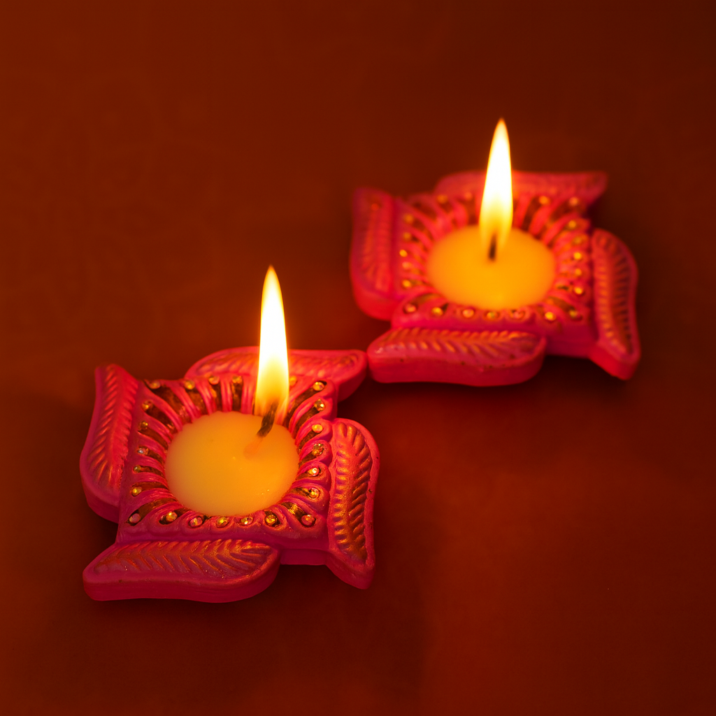 Decorated Terracotta Diya with Wax - Swastika, Pink, Set of 2pc