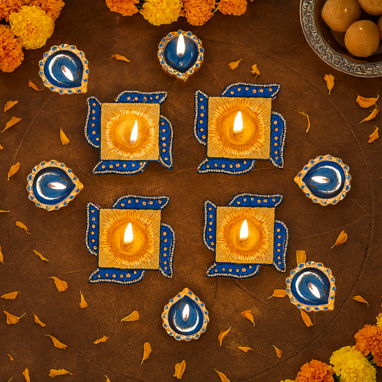 Decorated Terracotta Diya Assorted Shapes Blue 10pc