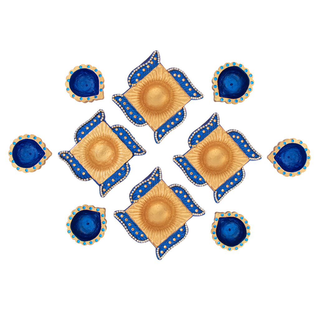 Decorated Terracotta Diya Assorted Shapes Blue 10pc