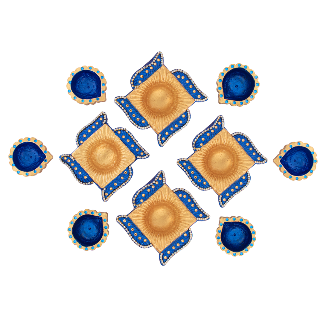Decorated Terracotta Diya Assorted Shapes Blue 10pc