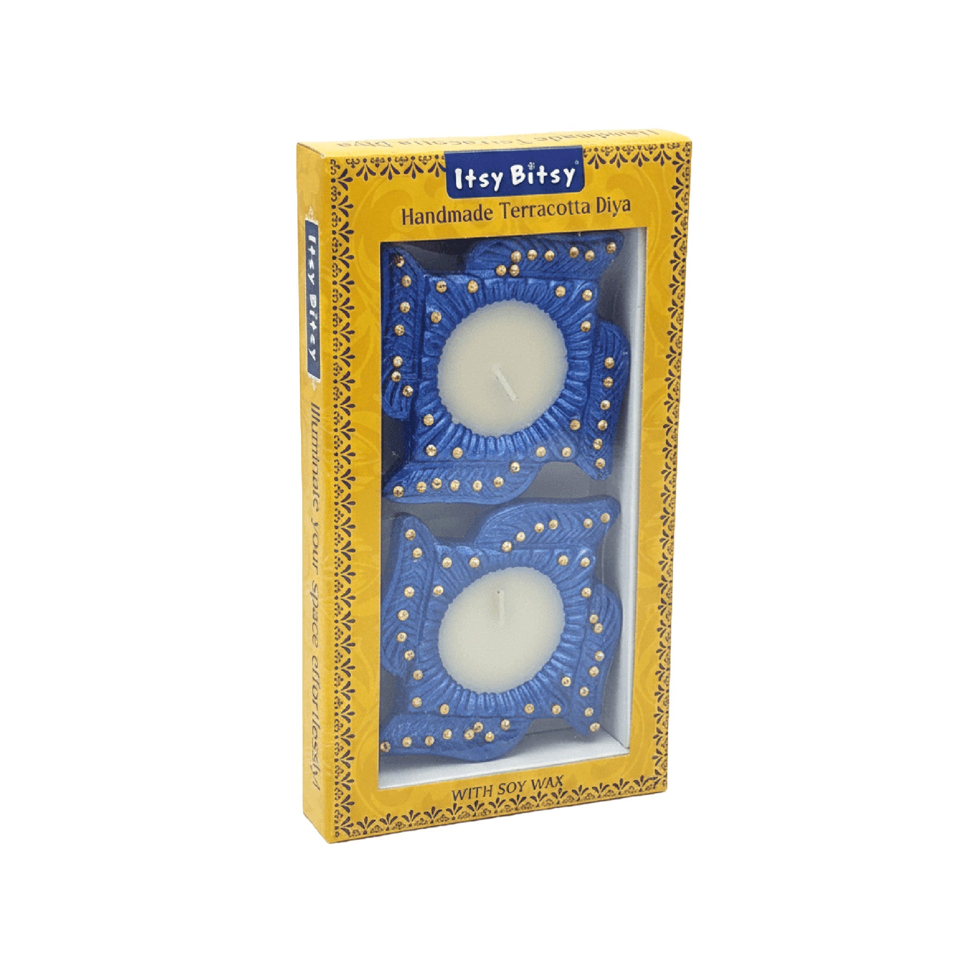 Decorated Terracotta Diya With Wax Swastika Blue 2pc (Wax Filled)