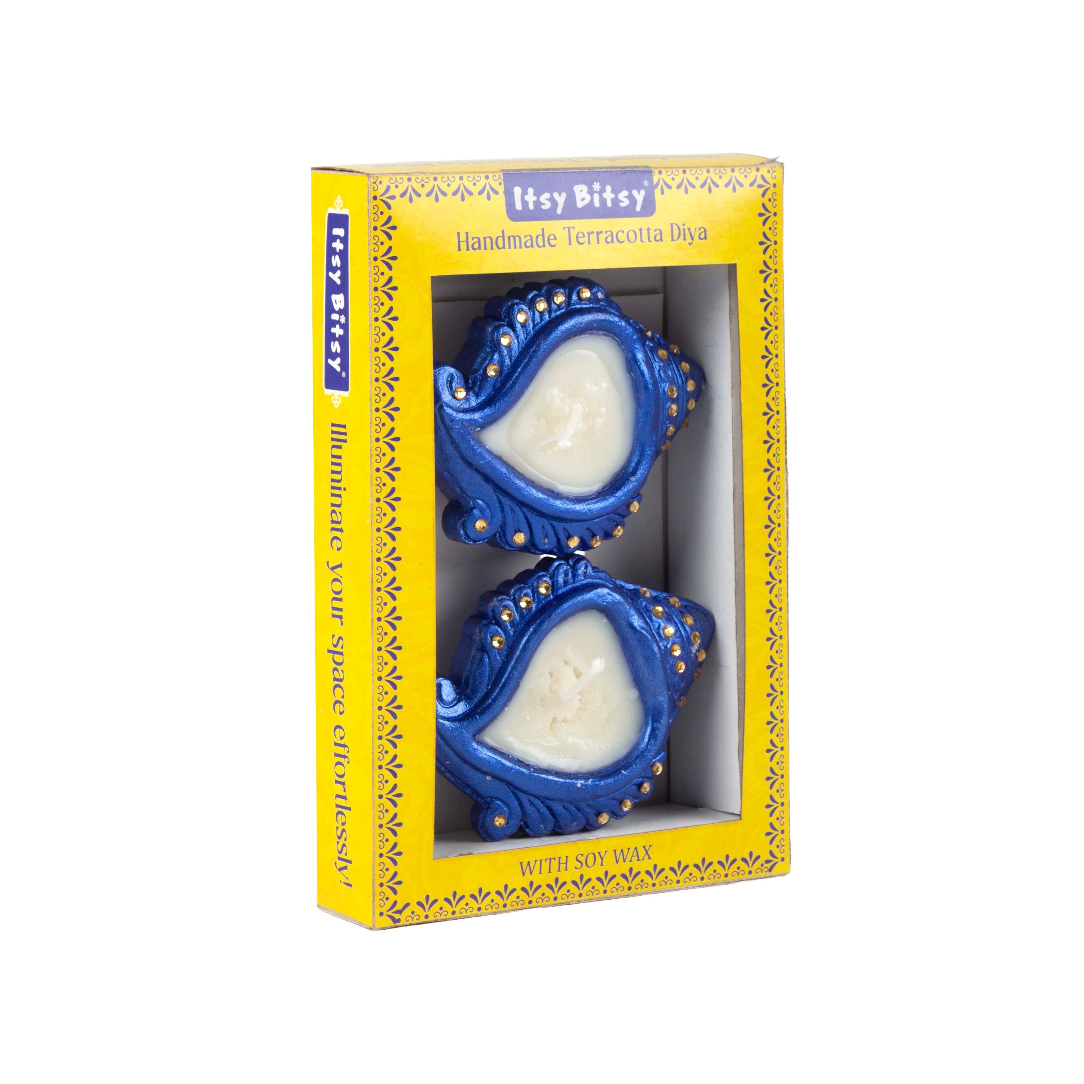 Decorated Terracotta Diya With Wax Shankh Blue 2pc