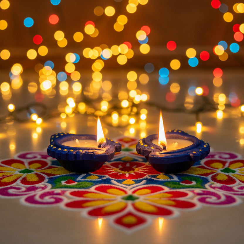 Decorated Terracotta Diya With Wax Shankh Blue 2pc