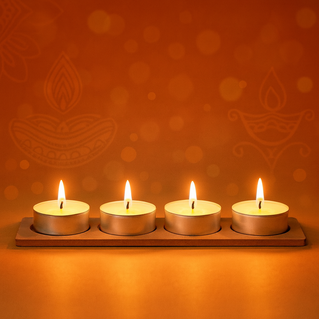 MDF Tea Light / Diya Holder 4 cavities Rectangular 10 X 2.3inch 5.5mm Thick 1pc