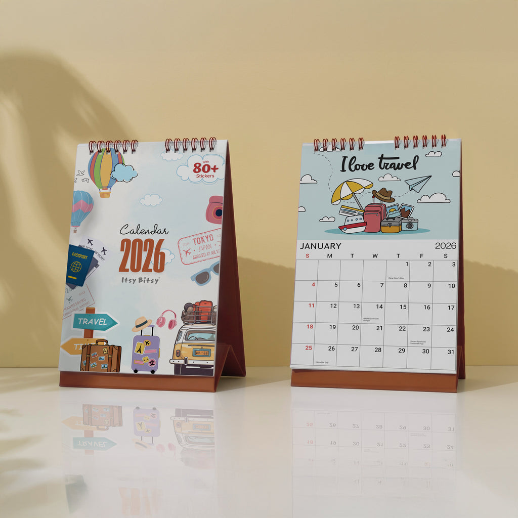 Desk Calendar 2026 Travel Adventure with 80 Travel Emoji Stickers 6 X 9inch 13 Sheets