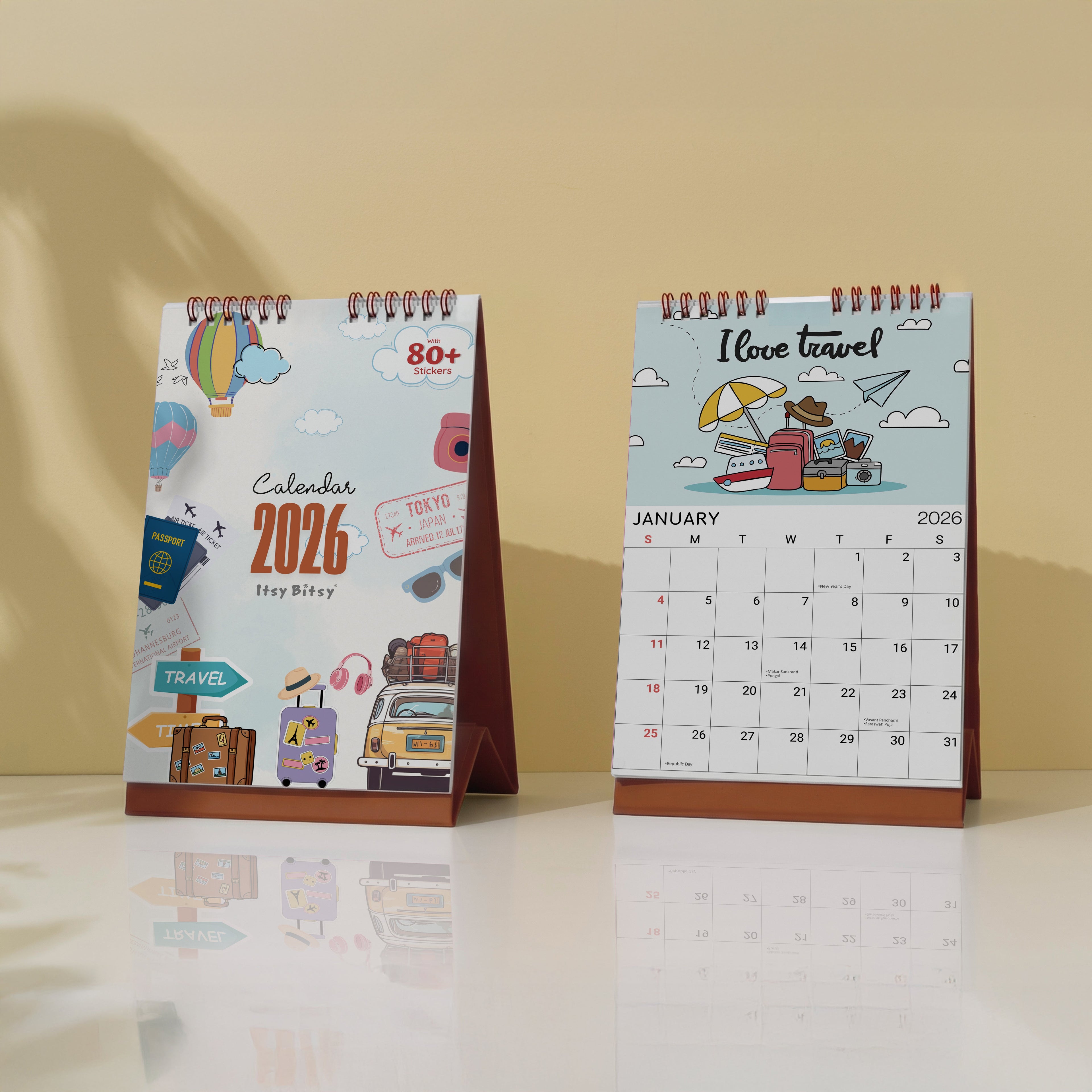 Desk Calendar 2026 Travel Adventure with 80 Travel Emoji Stickers 6 X 9inch 13 Sheets