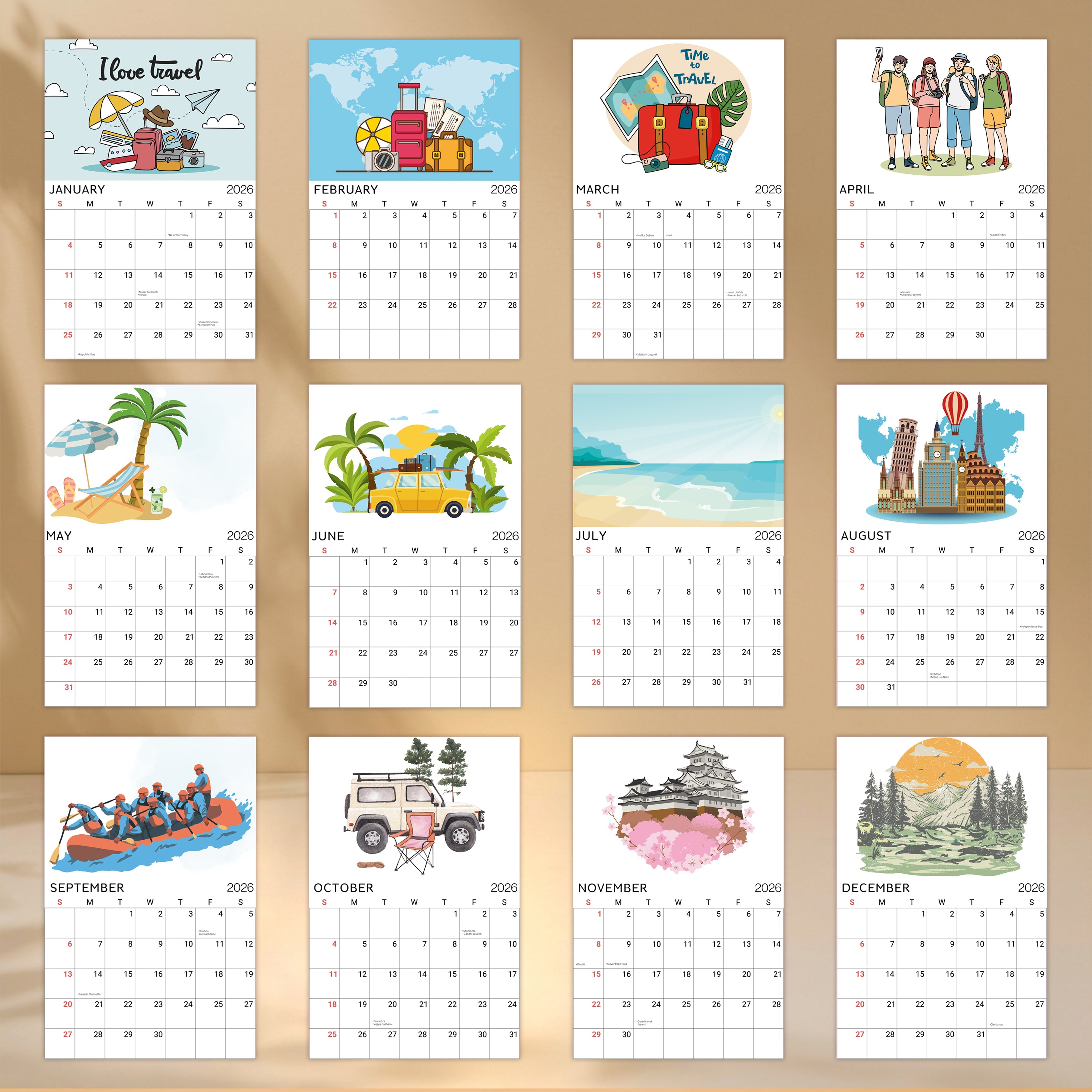 Desk Calendar 2026 Travel Adventure with 80 Travel Emoji Stickers 6 X 9inch 13 Sheets
