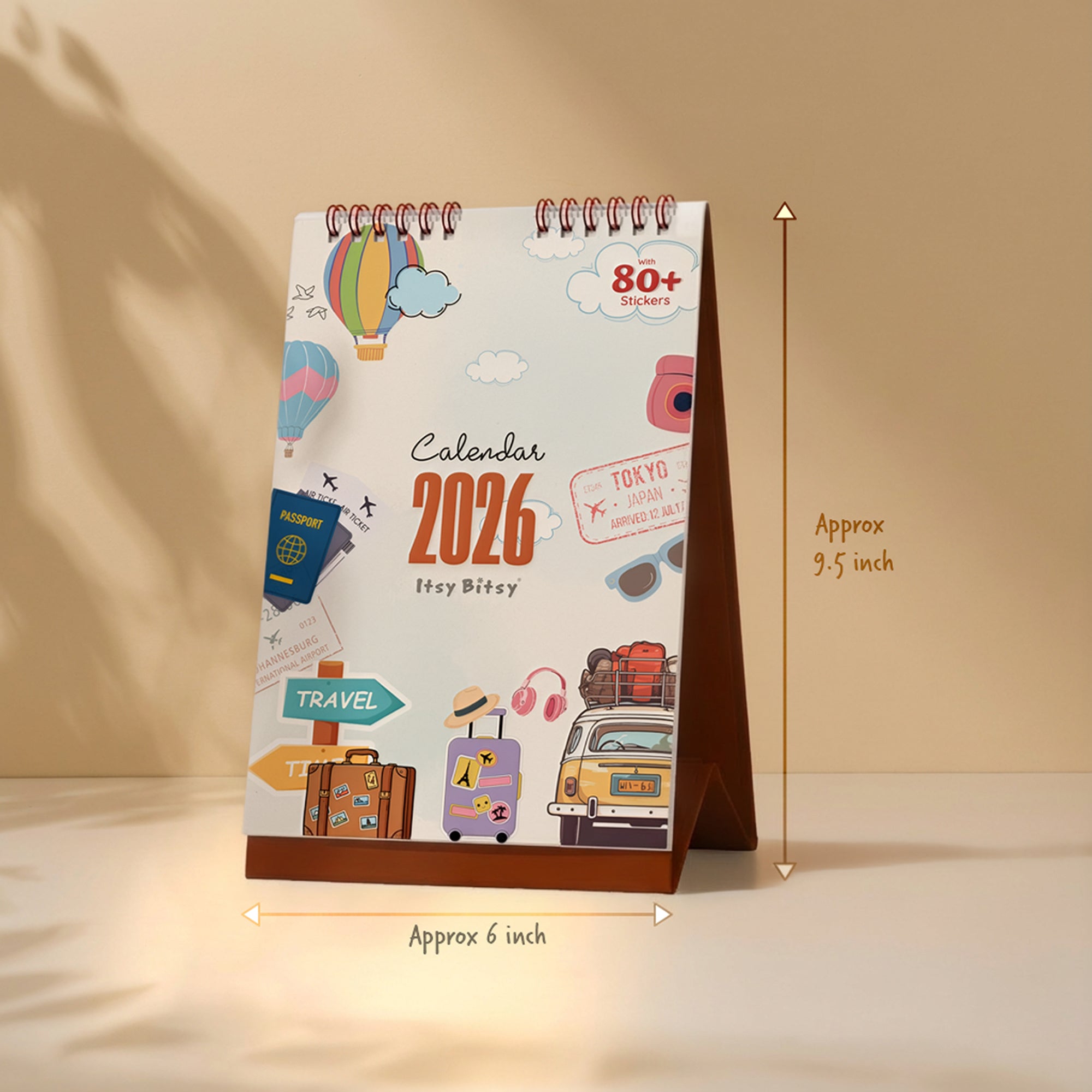 Desk Calendar 2026 Travel Adventure with 80 Travel Emoji Stickers 6 X 9inch 13 Sheets