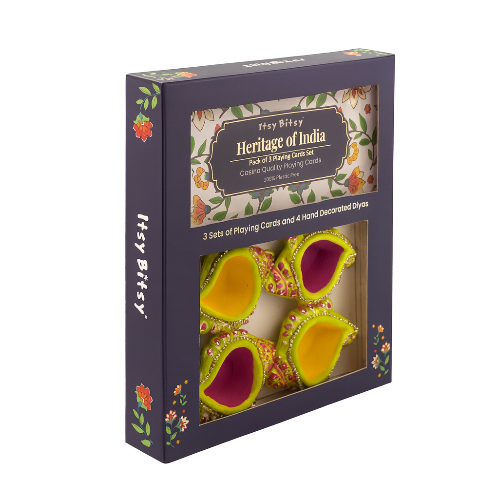 Heritage of India Pack of 3 Playing Cards & 4 Decorative Diyas 1 Set Box