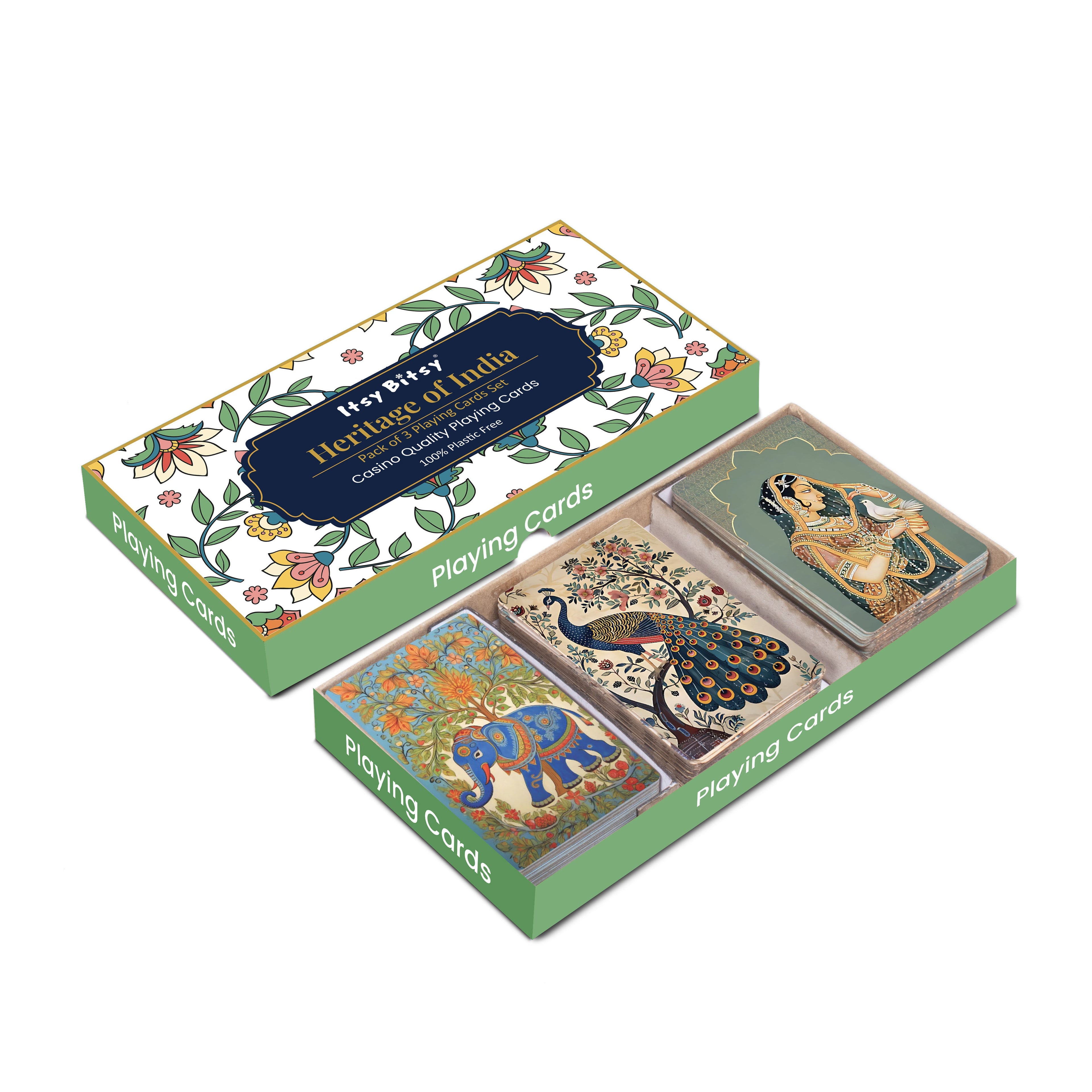 Heritage of India Pack of 3 Playing Cards & 4 Decorative Diyas 1 Set Box