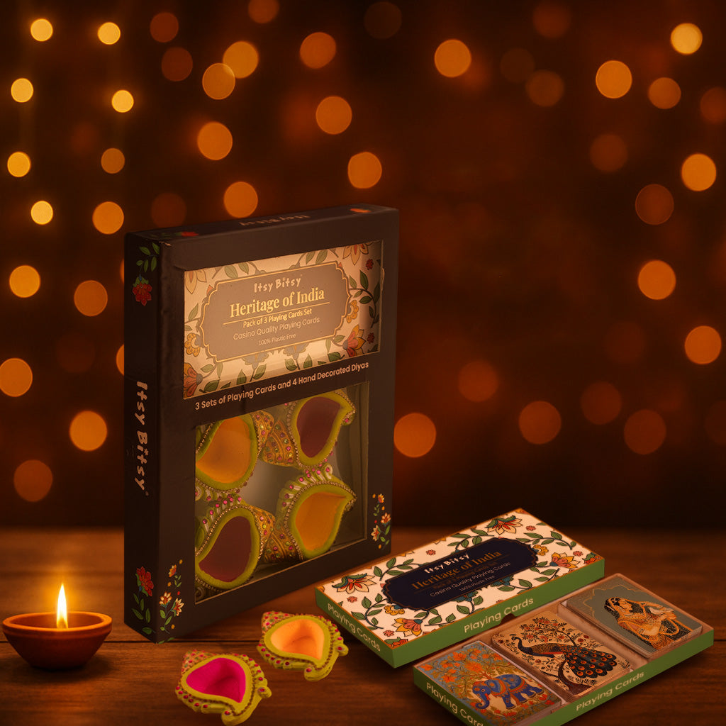 Heritage of India Pack of 3 Playing Cards & 4 Decorative Diyas 1 Set Box