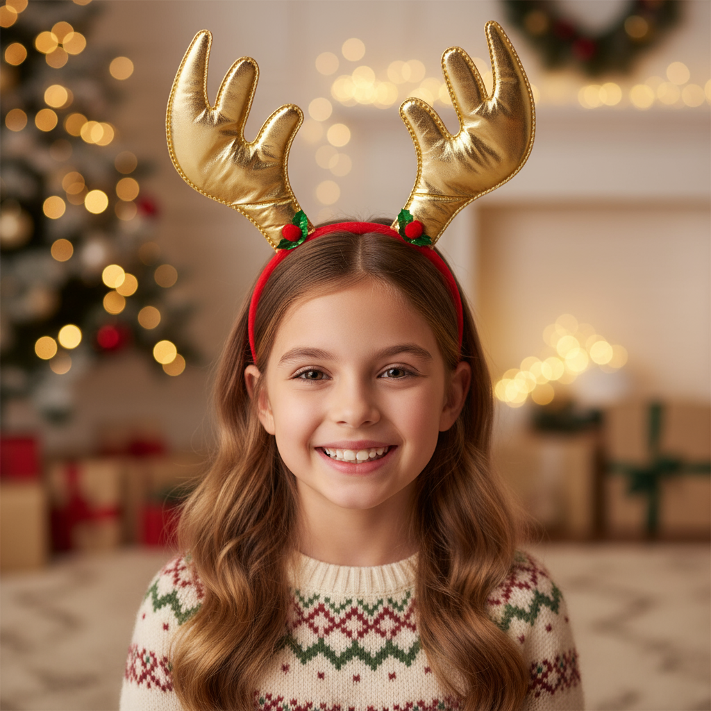 Christmas Reindeer Holly Berry Hair band Gold 1pc