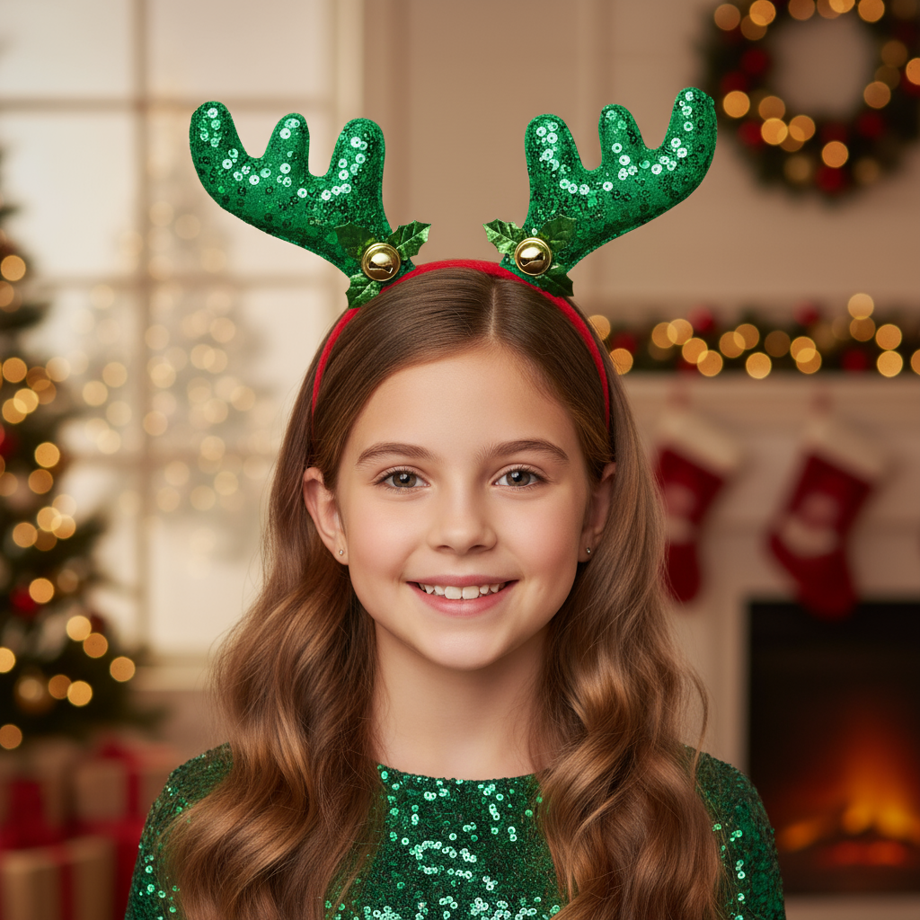 Christmas Reindeer Sequin Holly Berry Hair band Green 1pc