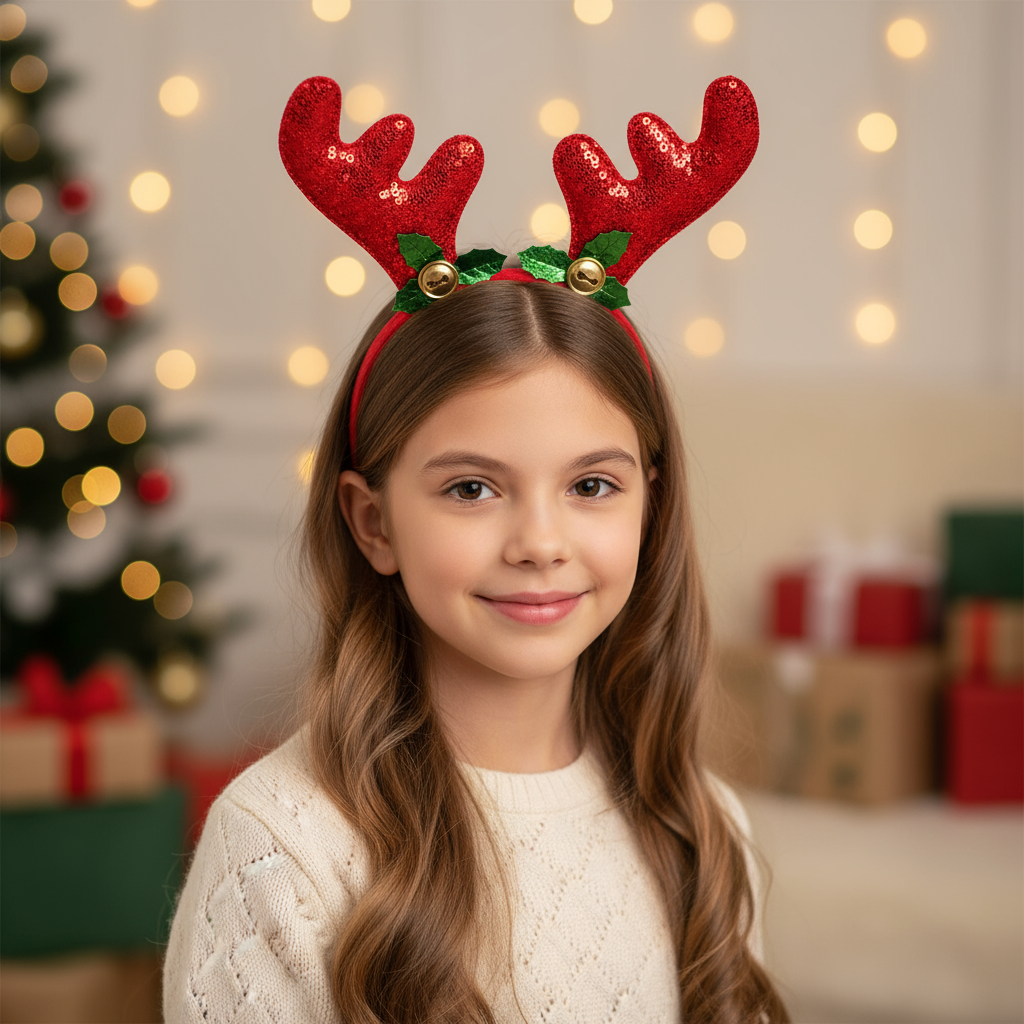 Christmas Reindeer Sequin Holly Berry Hair band Red 1pc