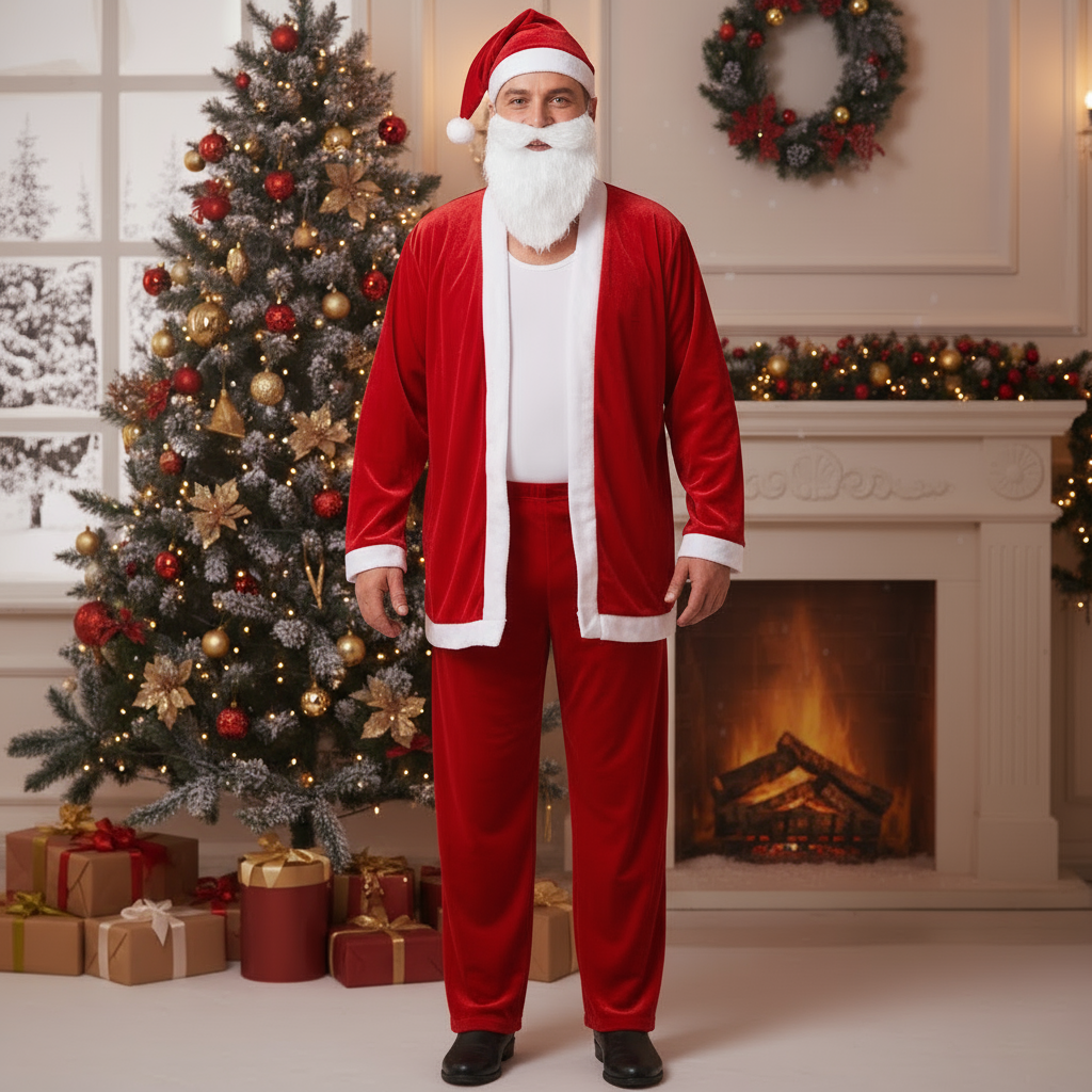 Christmas Dress -Up Velvet Suit Unisex Adult Red (5 Pieces - Coat, pant, hat, beard, belt) 1 Set
