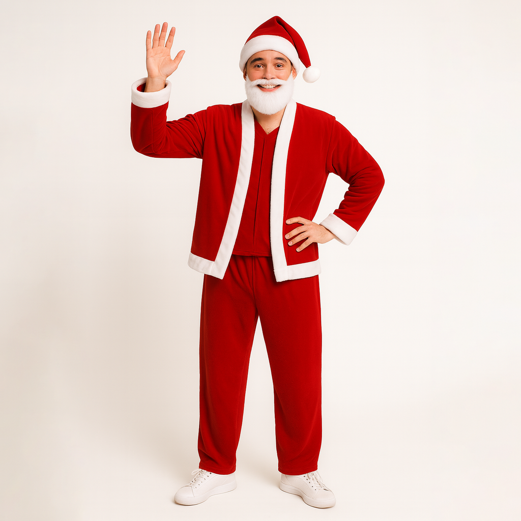 Christmas Dress-Up Cotton Suit Unisex Adult Red (5 Pieces - Coat, pant, hat, beard, belt) 1 Set
