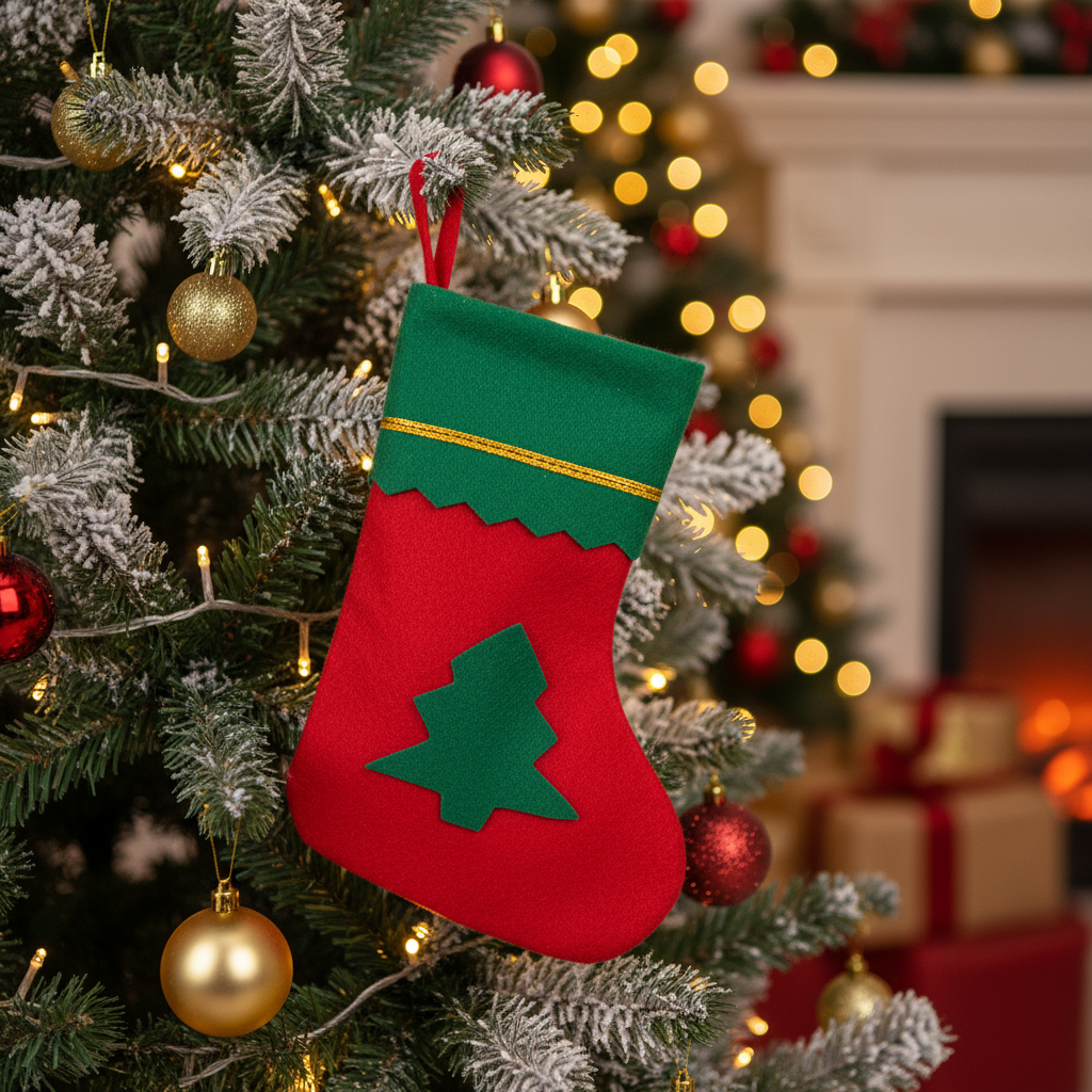 Christmas Non-woven Decorative Stocking with Loop for Hanging - Tree H20 X W15cm 1pc