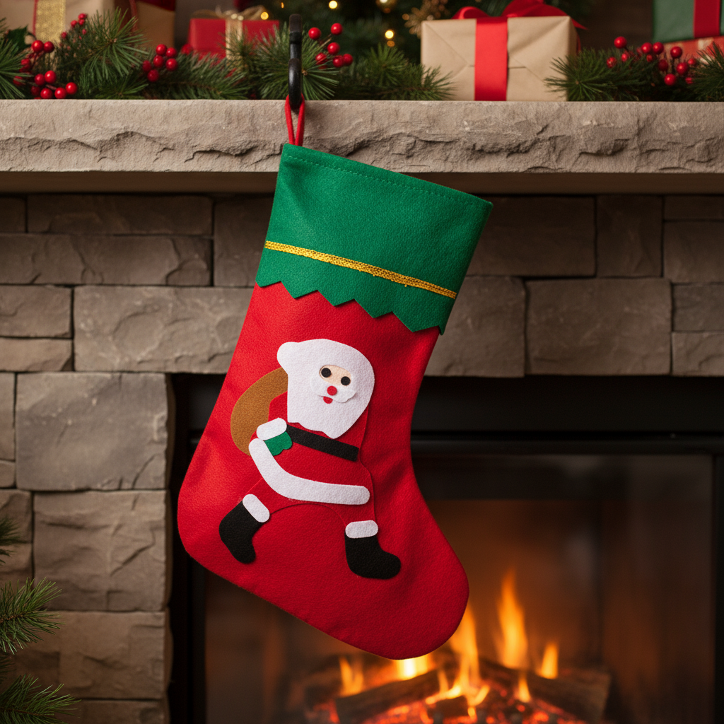 Christmas Non-woven Stocking with Hanging - Runing Santa H14inch X W9.5inch 1pc