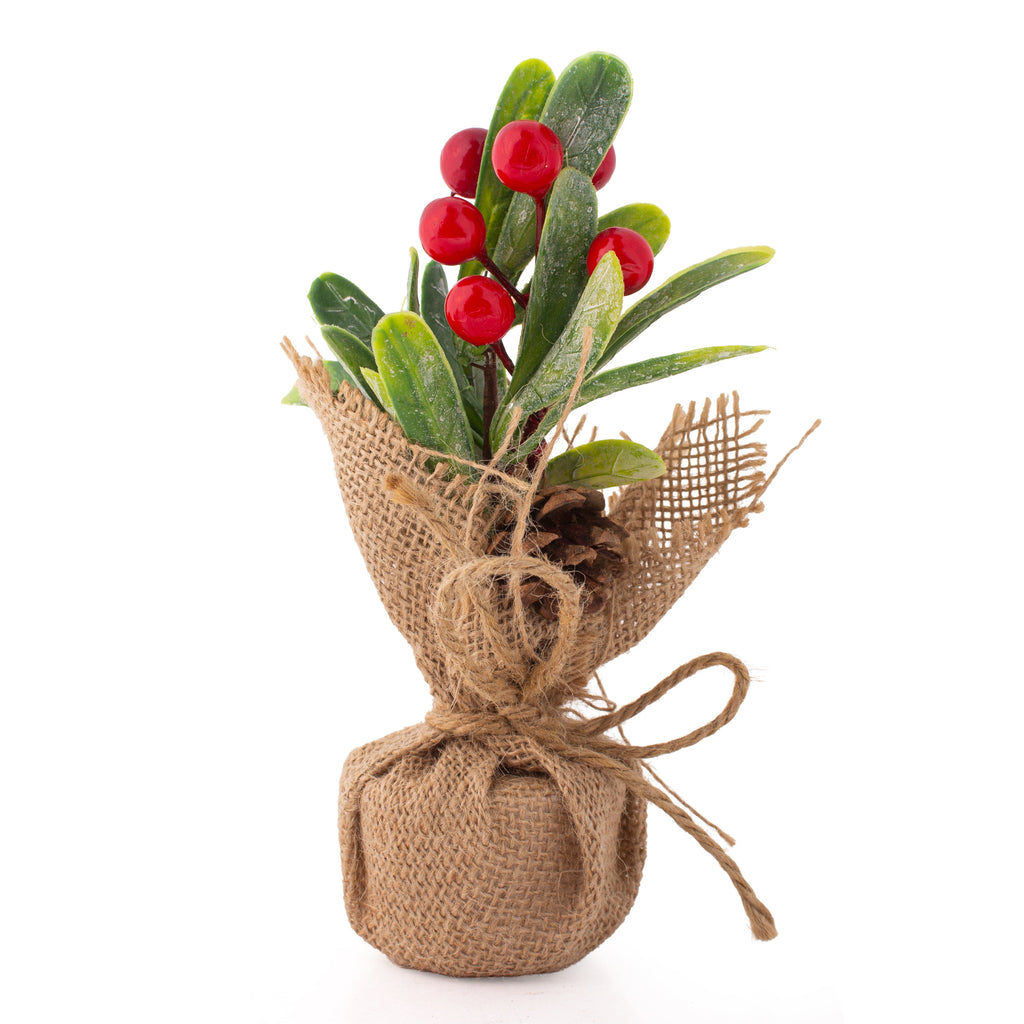 Christmas Table Decoration Faux Holly Berries With Burlap Base 1pc