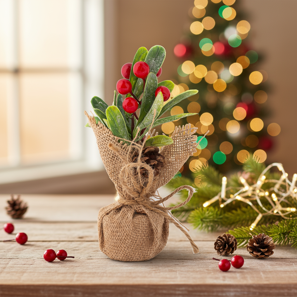 Christmas Table Decoration Faux Holly Berries With Burlap Base 1pc