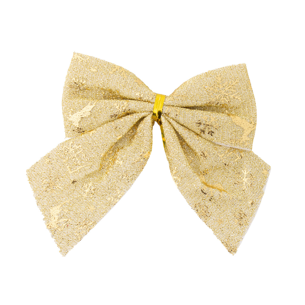 Christmas Decorative Printed Metallic Bow Gold 4pc 3.5inch X 3.5inch 1Pack