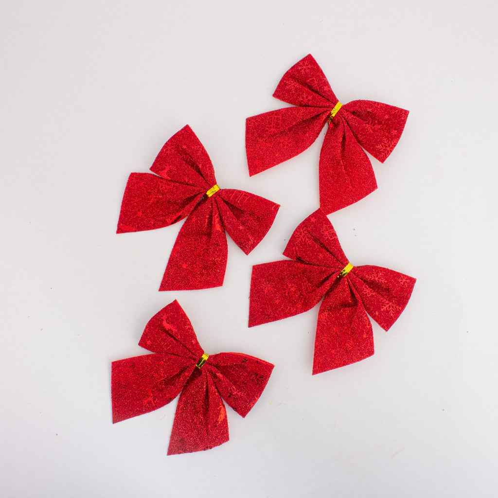 Christmas Decorative Printed Metallic Bow Red 4pc 3.5inch X 3.5inch 1Pack