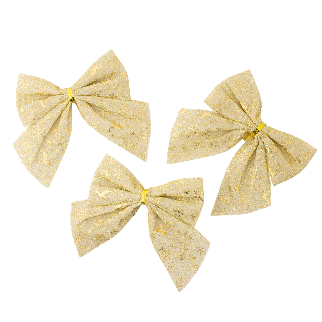 Christmas Decorative Printed Metallic Bow Gold 3pc 4inch X 4inch 1Pack