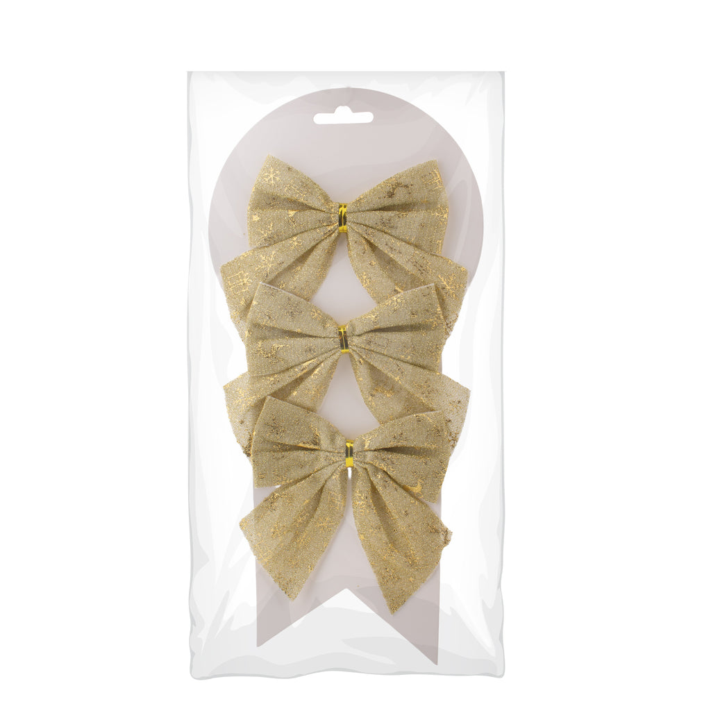 Christmas Decorative Printed Metallic Bow Gold 3pc 4inch X 4inch 1Pack