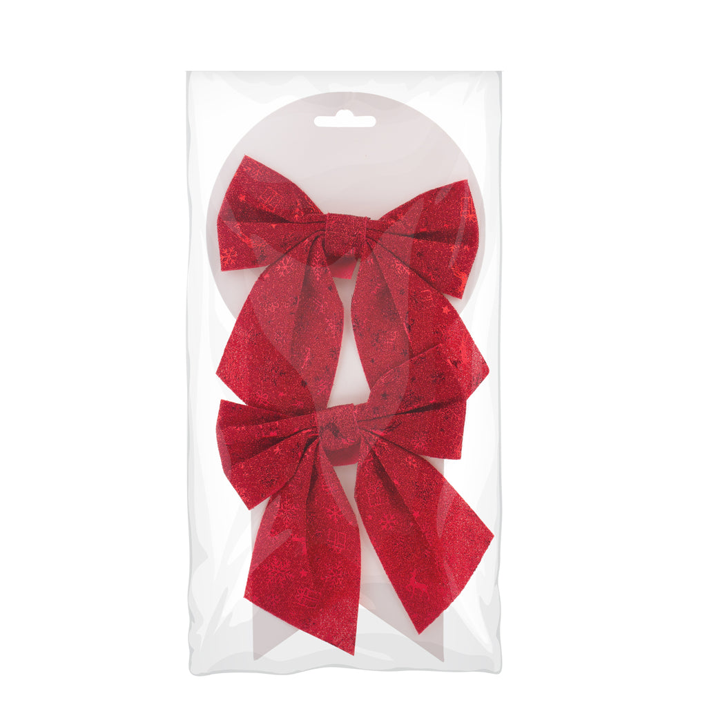 Christmas Decorative Printed Metallic Bow Red 3pc 4inch X 4inch 1Pack