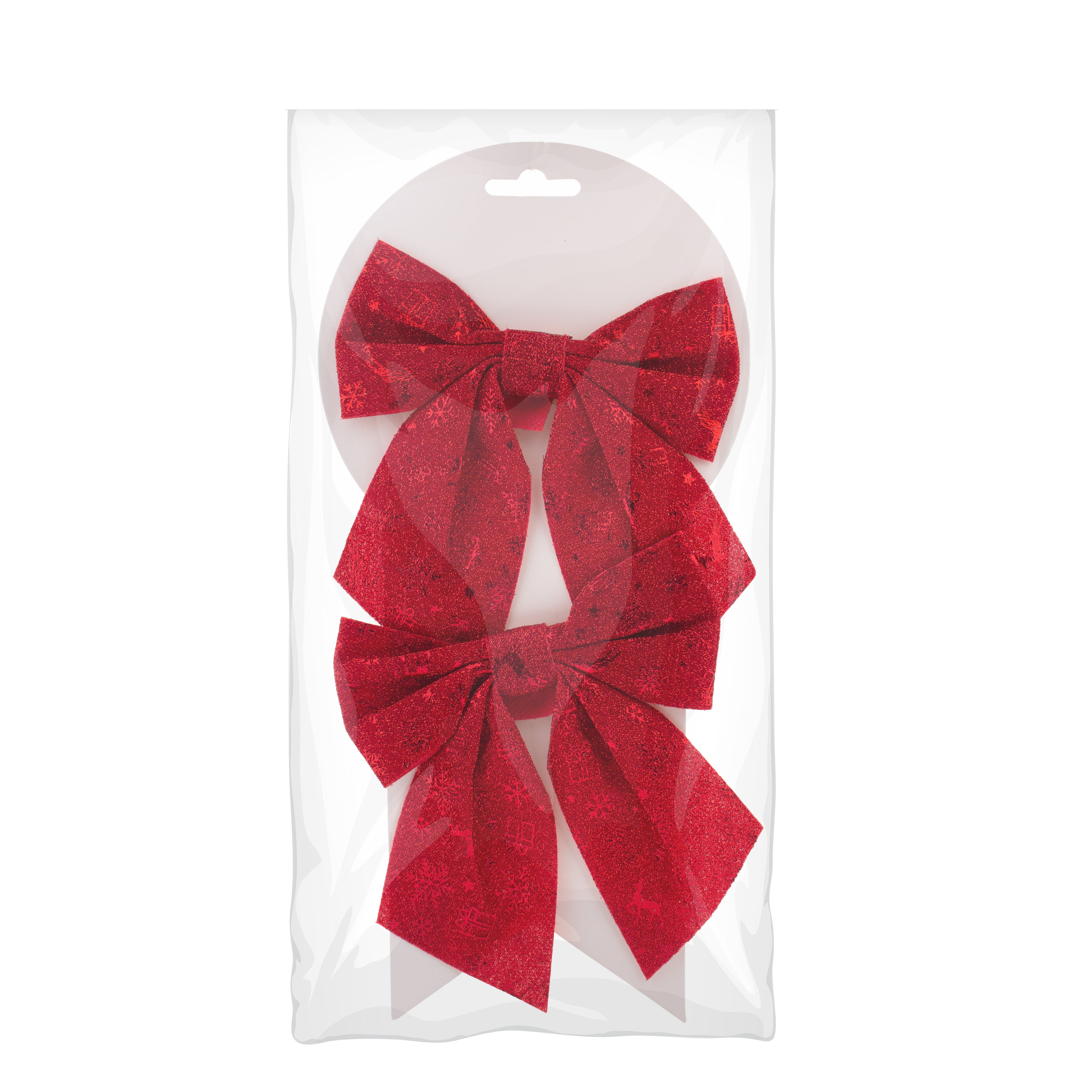 Christmas Decorative Printed Metallic Bow Red 3pc 4inch X 4inch 1Pack