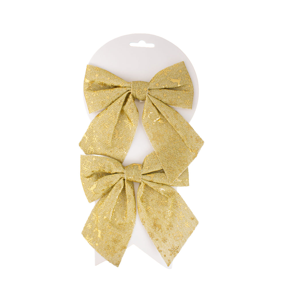 Christmas Decorative Printed Metallic Bow Gold 2pc 5inch X 6inch 1Pack