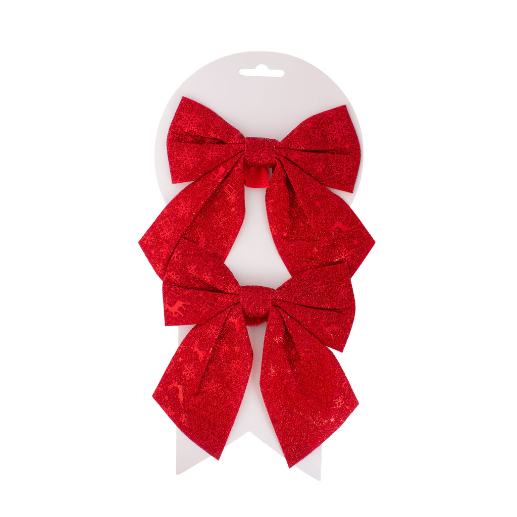 Christmas Decorative Printed Metallic Bow Red 2pc 5inch X 6inch 1Pack