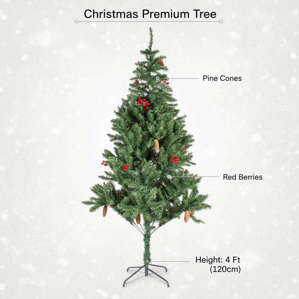 4 Feet - Christmas Premium Tree with Metal Stand Pine Cones & Red Berries 1pc  (Ornaments Combo)
