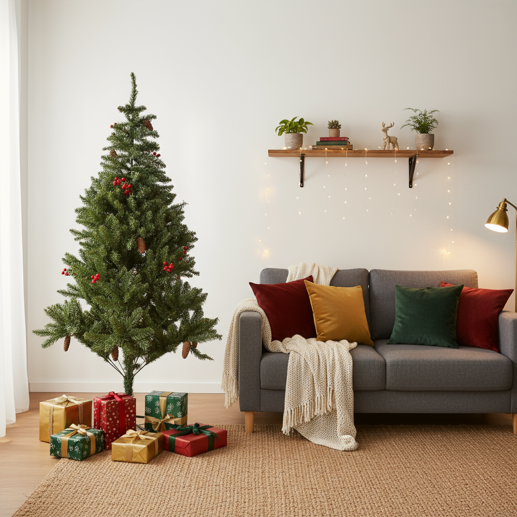 5 Feet - Christmas Premium Tree with Metal Stand Pine Cones & Red Berries 1pc Box  (Ornaments Combo)