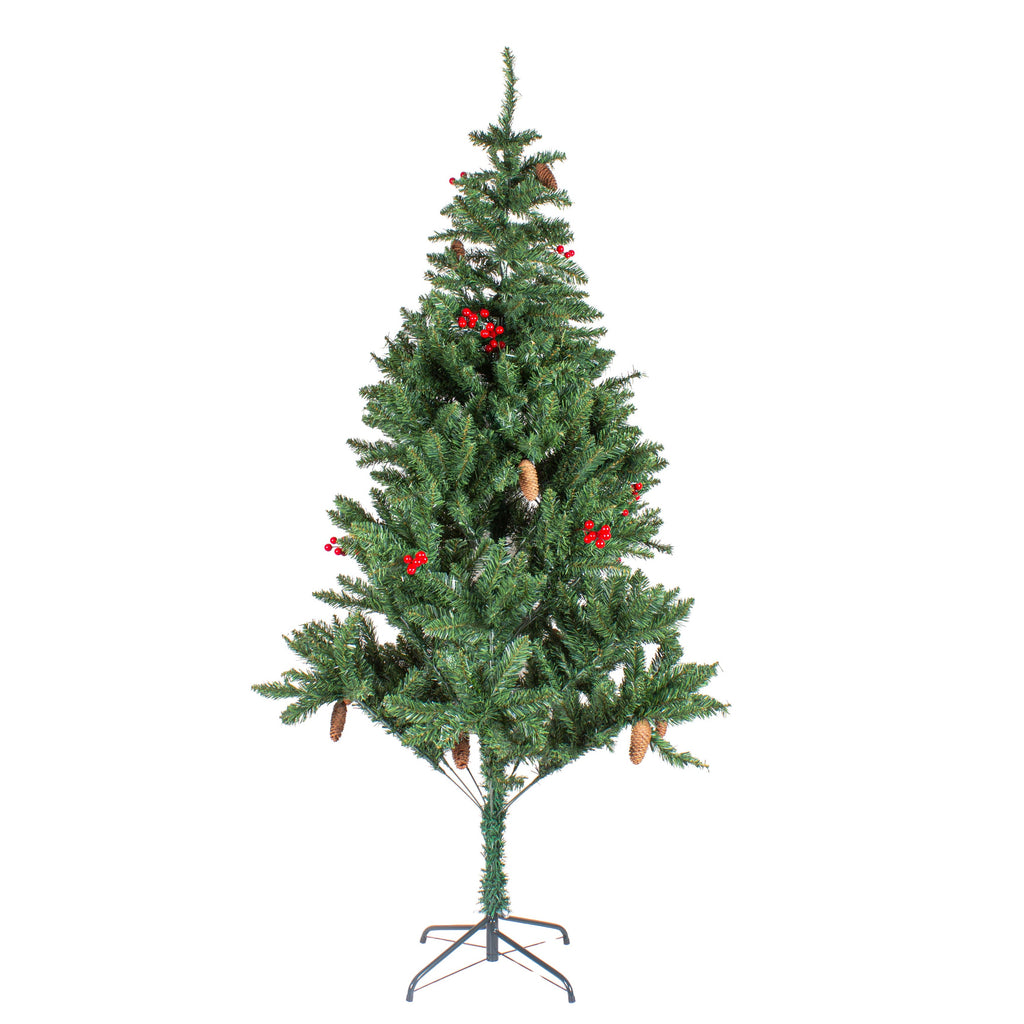 6 Feet - Christmas Premium Tree with Metal Stand Pine Cones & Red Berries (180cm) 1pc  (Ornaments Combo)