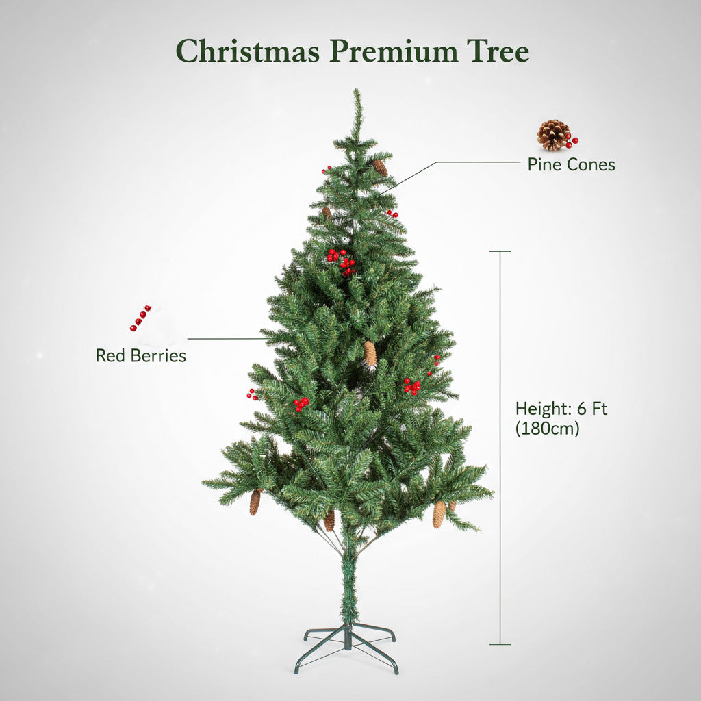 Christmas Premium Tree with Metal Stand Pine Cones & Red Berries 6 Ft (180cm) 1pc Box