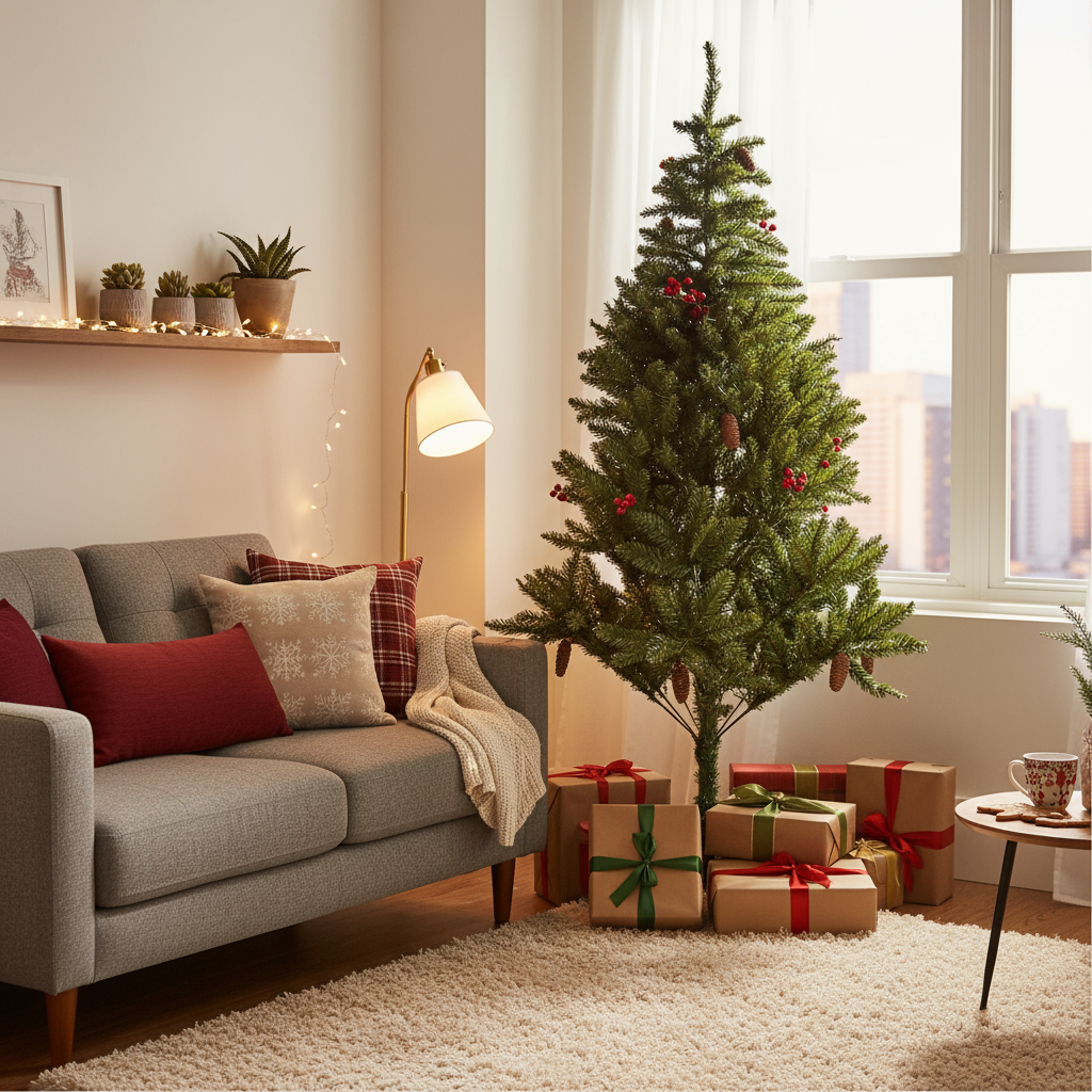 6 Feet - Christmas Premium Tree with Metal Stand Pine Cones & Red Berries (180cm) 1pc  (Ornaments Combo)