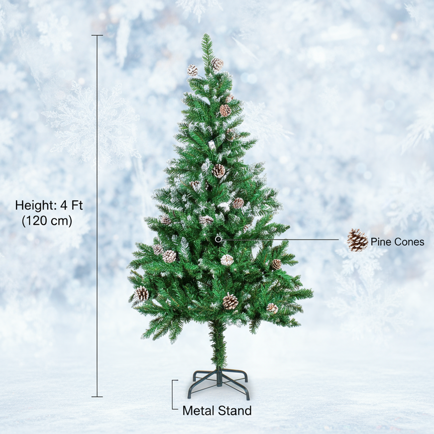 4 Feet - Frosted Christmas Tree with Metal Stand & Pine Cones 1pc  (Ornaments Combo)