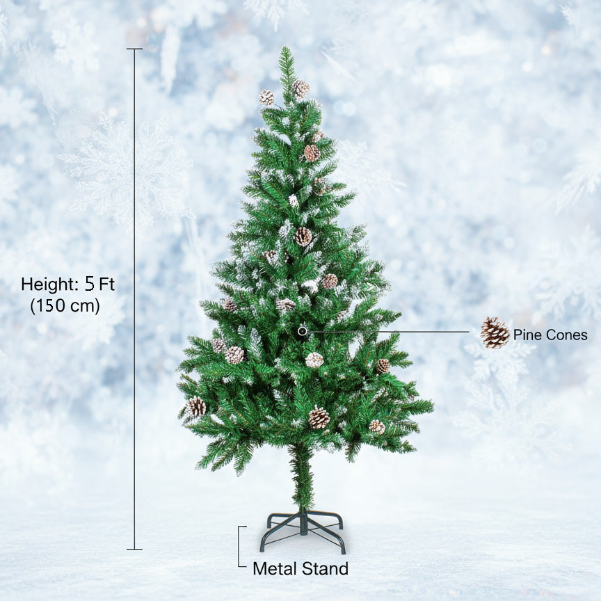 Frosted Christmas Tree with Metal Stand & Pine Cones 5 Ft (150cm) 1pc Box